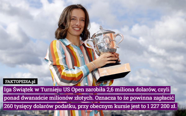 Iga Świątek w Turnieju US Open zarobiła 2,6 miliona dolarów, czyli ponad dwanaście milionów złotych. Oznacza to że powinna zapłacić 260 tysięcy dolarów podatku, przy obecnym kursie jest to 1 227 200 zł. 