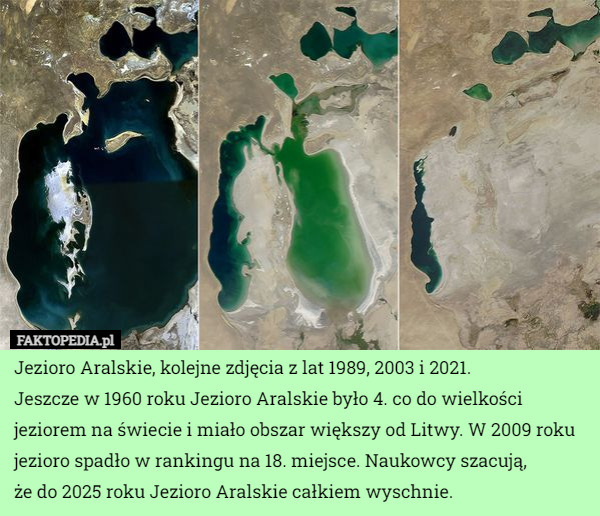 Jezioro Aralskie, kolejne zdjęcia z lat 1989, 2003 i 2021.
Jeszcze w 1960 roku Jezioro Aralskie było 4. co do wielkości jeziorem na świecie i miało obszar większy od Litwy. W 2009 roku jezioro spadło w rankingu na 18. miejsce. Naukowcy szacują,
 że do 2025 roku Jezioro Aralskie całkiem wyschnie. 