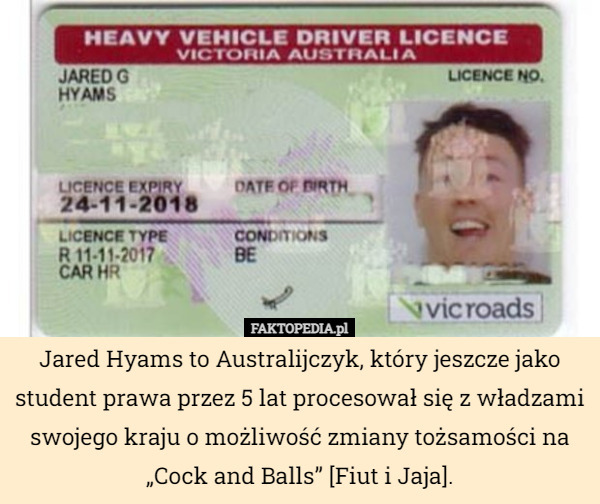 Jared Hyams to Australijczyk, który jeszcze jako student prawa przez 5 lat procesował się z władzami swojego kraju o możliwość zmiany tożsamości na „Cock and Balls” [Fiut i Jaja]. 