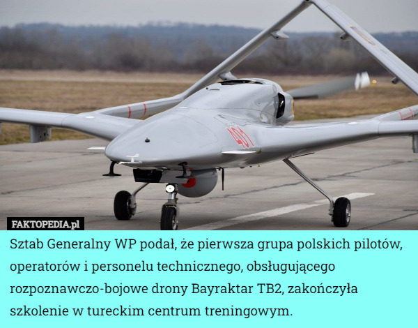 Sztab Generalny WP podał, że pierwsza grupa polskich pilotów, operatorów i personelu technicznego, obsługującego rozpoznawczo-bojowe drony Bayraktar TB2, zakończyła szkolenie w tureckim centrum treningowym. 