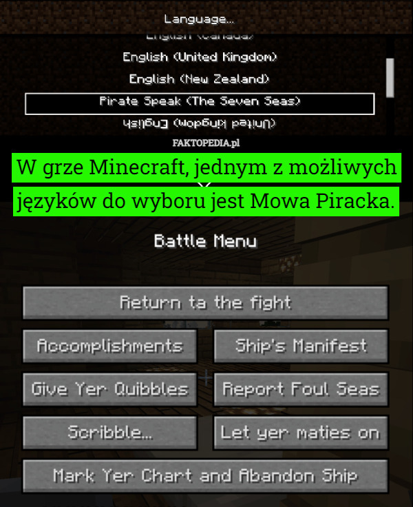 W grze Minecraft, jednym z możliwych języków do wyboru jest Mowa Piracka. 