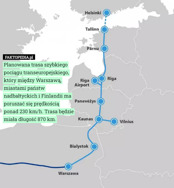 Planowana trasa szybkiego pociągu transeuropejskiego, który między Warszawą, miastami państw nadbałtyckich i Finlandii ma poruszać się prędkością ponad 230 km/h. Trasa będzie miała długość 870 km. 
