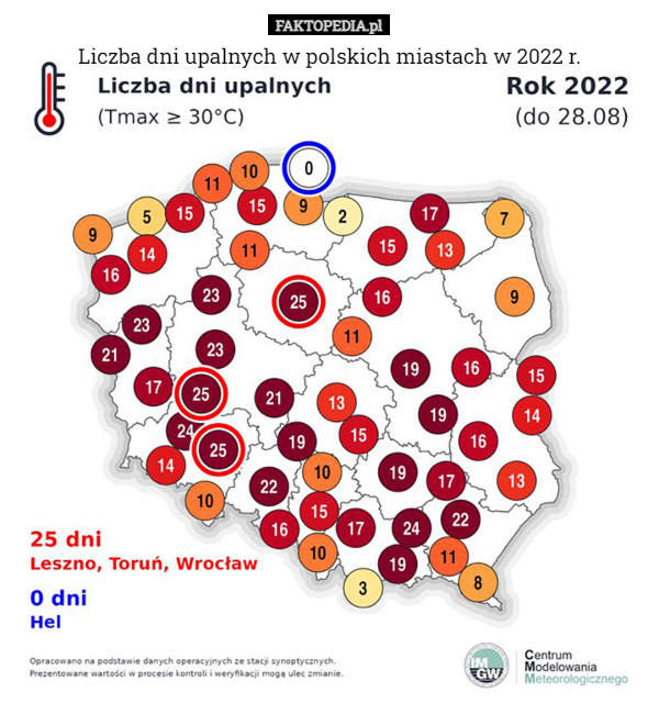 Liczba dni upalnych w polskich miastach w 2022 r. 