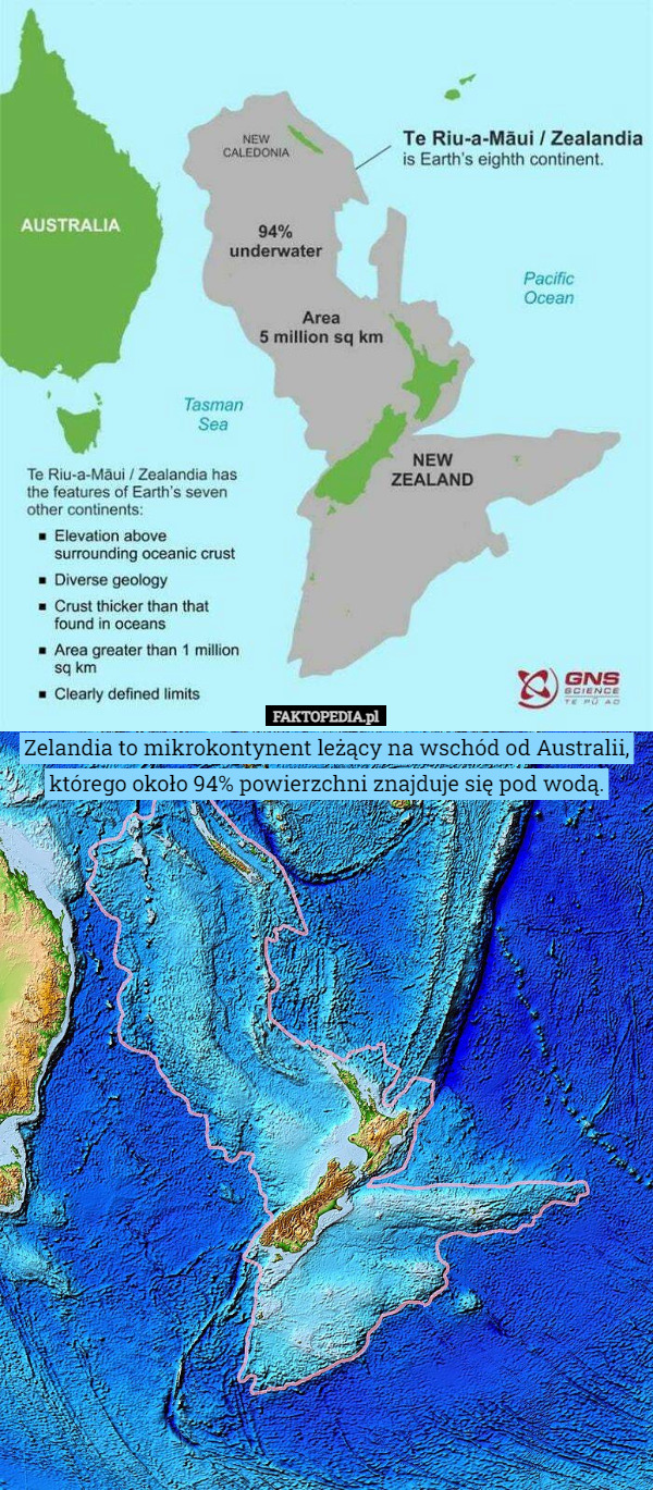 Zelandia to mikrokontynent leżący na wschód od Australii, którego około 94% powierzchni znajduje się pod wodą. 