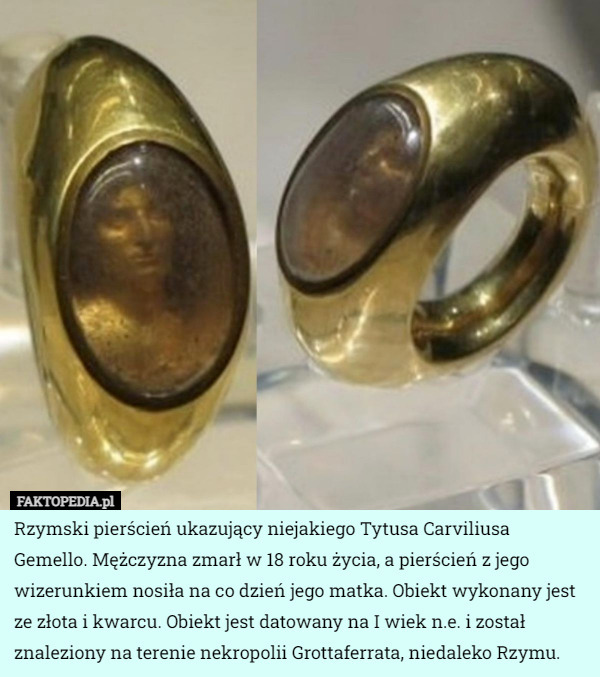 Rzymski pierścień ukazujący niejakiego Tytusa Carviliusa Gemello. Mężczyzna zmarł w 18 roku życia, a pierścień z jego wizerunkiem nosiła na co dzień jego matka. Obiekt wykonany jest ze złota i kwarcu. Obiekt jest datowany na I wiek n.e. i został znaleziony na terenie nekropolii Grottaferrata, niedaleko Rzymu. 