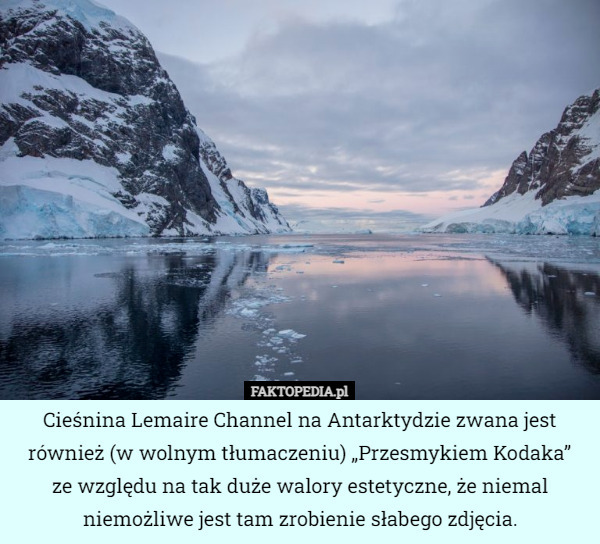 Cieśnina Lemaire Channel na Antarktydzie zwana jest również (w wolnym tłumaczeniu) „Przesmykiem Kodaka”
ze względu na tak duże walory estetyczne, że niemal niemożliwe jest tam zrobienie słabego zdjęcia. 