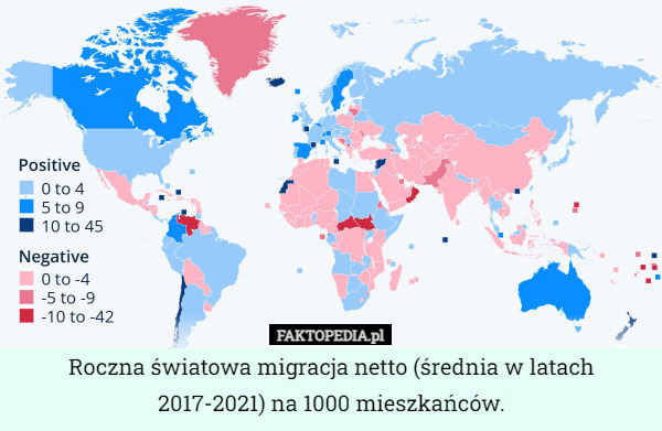 Roczna światowa migracja netto (średnia w latach 2017-2021) na 1000 mieszkańców. 