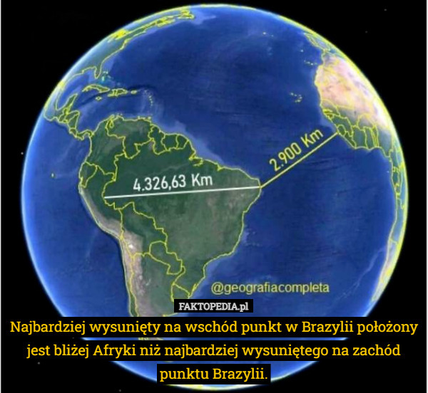 Najbardziej wysunięty na wschód punkt w Brazylii położony jest bliżej Afryki niż najbardziej wysuniętego na zachód punktu Brazylii. 