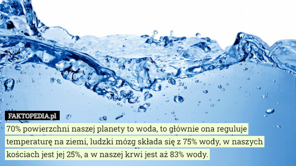 70% powierzchni naszej planety to woda, to głównie ona reguluje temperaturę na ziemi, ludzki mózg składa się z 75% wody, w naszych kościach jest jej 25%, a w naszej krwi jest aż 83% wody. 