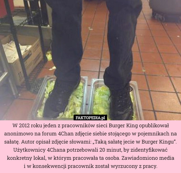 W 2012 roku jeden z pracowników sieci Burger King opublikował anonimowo na forum 4Chan zdjęcie siebie stojącego w pojemnikach na sałatę. Autor opisał zdjęcie słowami: „Taką sałatę jecie w Burger Kingu”. Użytkownicy 4Chana potrzebowali 20 minut, by zidentyfikować konkretny lokal, w którym pracowała ta osoba. Zawiadomiono media
 i w konsekwencji pracownik został wyrzucony z pracy. 