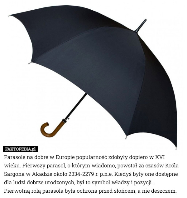 Parasole na dobre w Europie popularność zdobyły dopiero w XVI wieku. Pierwszy parasol, o którym wiadomo, powstał za czasów Króla Sargona w Akadzie około 2334-2279 r. p.n.e. Kiedyś były one dostępne dla ludzi dobrze urodzonych, był to symbol władzy i pozycji.
 Pierwotną rolą parasola była ochrona przed słońcem, a nie deszczem. 
