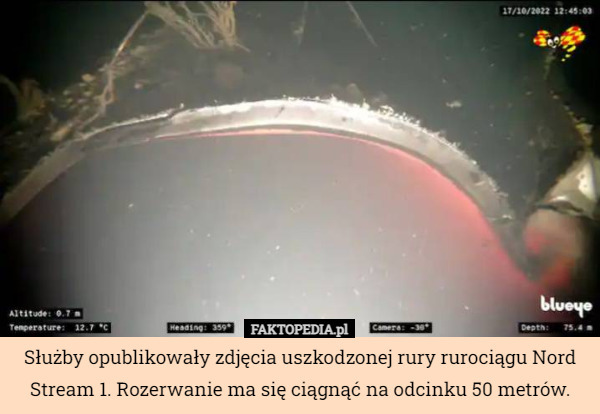 Służby opublikowały zdjęcia uszkodzonej rury rurociągu Nord Stream 1. Rozerwanie ma się ciągnąć na odcinku 50 metrów. 