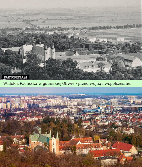 Widok z Pachołka w gdańskiej Oliwie - przed wojną i współcześnie. 
