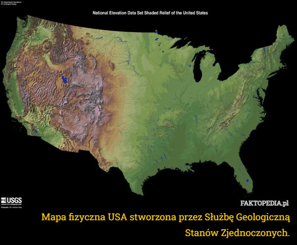 Mapa fizyczna USA stworzona przez Służbę Geologiczną Stanów Zjednoczonych. 