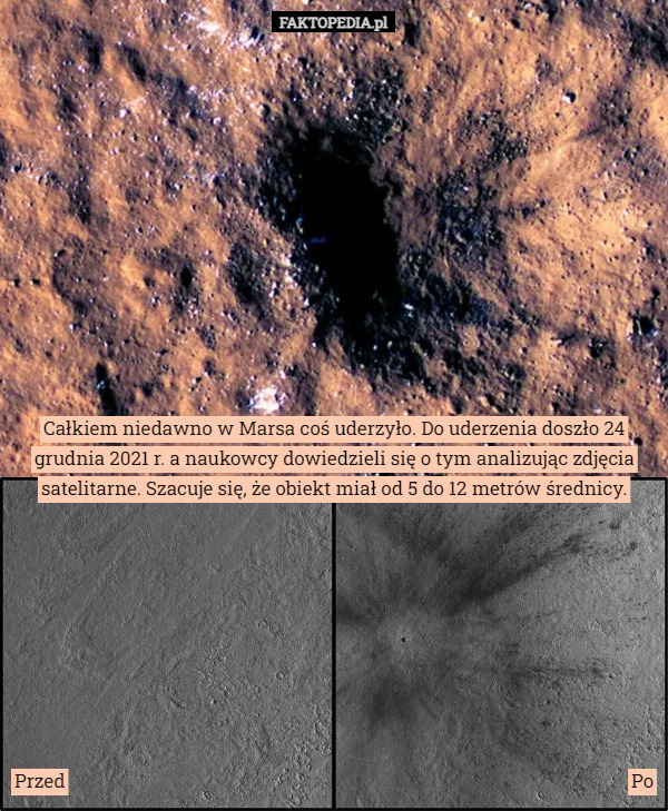 Całkiem niedawno w Marsa coś uderzyło. Do uderzenia doszło 24 grudnia 2021 r. a naukowcy dowiedzieli się o tym analizując zdjęcia satelitarne. Szacuje się, że obiekt miał od 5 do 12 metrów średnicy. Przed Po 