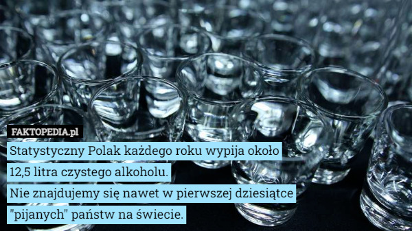 Statystyczny Polak każdego roku wypija około 12,5 litra czystego alkoholu.
 Nie znajdujemy się nawet w pierwszej dziesiątce "pijanych" państw na świecie. 