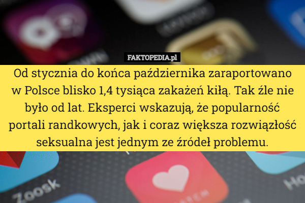 Od stycznia do końca października zaraportowano w Polsce blisko 1,4 tysiąca zakażeń kiłą. Tak źle nie było od lat. Eksperci wskazują, że popularność portali randkowych, jak i coraz większa rozwiązłość seksualna jest jednym ze źródeł problemu. 