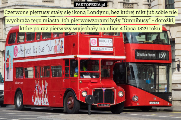 Czerwone piętrusy stały się ikoną Londynu, bez której nikt już sobie nie wyobraża tego miasta. Ich pierwowzorami były "Omnibusy" - dorożki, które po raz pierwszy wyjechały na ulice 4 lipca 1829 roku. 