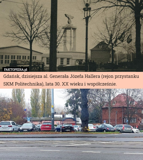 Gdańsk, dzisiejsza al. Generała Józefa Hallera (rejon przystanku SKM Politechnika), lata 30. XX wieku i współcześnie. 