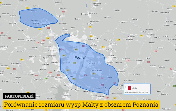 Porównanie rozmiaru wysp Malty z obszarem Poznania 