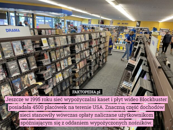 Jeszcze w 1995 roku sieć wypożyczalni kaset i płyt wideo Blockbuster posiadała 4500 placówek na terenie USA. Znaczną część dochodów sieci stanowiły wówczas opłaty naliczane użytkownikom spóźniającym się z oddaniem wypożyczonych nośników. 