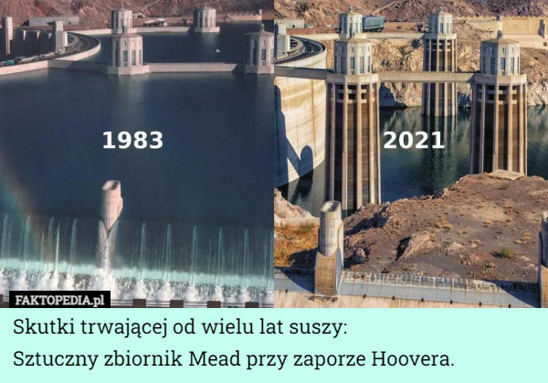 Skutki trwającej od wielu lat suszy: 
Sztuczny zbiornik Mead przy zaporze Hoovera. 