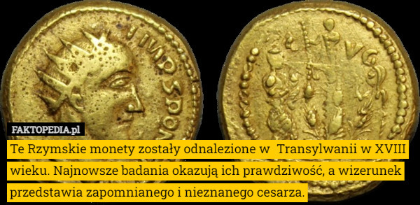 Te Rzymskie monety zostały odnalezione w  Transylwanii w XVIII wieku. Najnowsze badania okazują ich prawdziwość, a wizerunek przedstawia zapomnianego i nieznanego cesarza. 