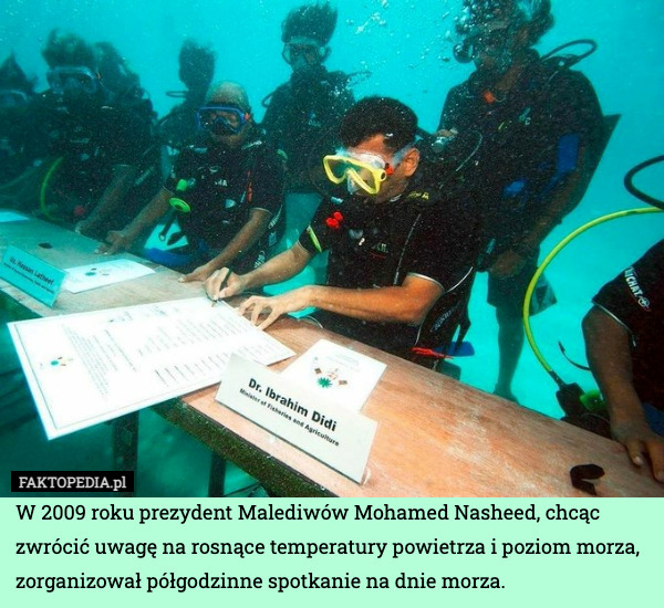 W 2009 roku prezydent Malediwów Mohamed Nasheed, chcąc zwrócić uwagę na rosnące temperatury powietrza i poziom morza, zorganizował półgodzinne spotkanie na dnie morza. 