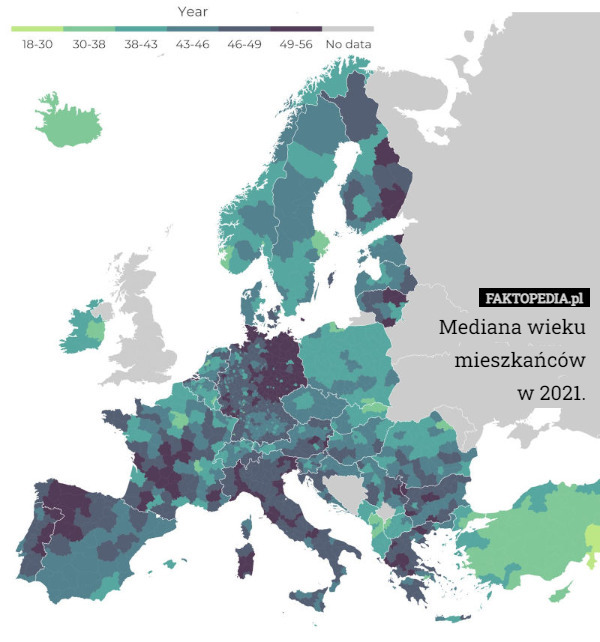 Mediana wieku mieszkańców
w 2021. 