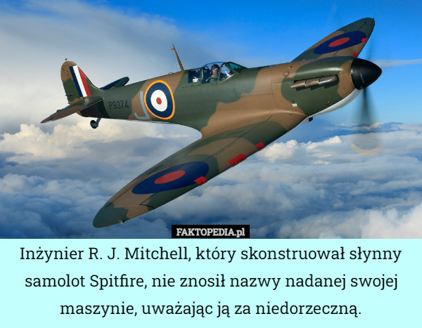 Inżynier R. J. Mitchell, który skonstruował słynny samolot Spitfire, nie znosił nazwy nadanej swojej maszynie, uważając ją za niedorzeczną. 