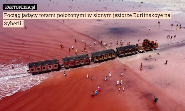 Pociąg jadący torami położonymi w słonym jeziorze Burlinskoye na Syberii. 