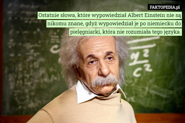 Ostatnie słowa, które wypowiedział Albert Einstein nie są nikomu znane, gdyż wypowiedział je po niemiecku do pielęgniarki, która nie rozumiała tego języka. 