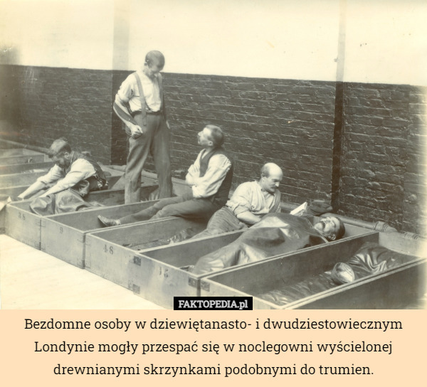 Bezdomne osoby w dziewiętanasto- i dwudziestowiecznym Londynie mogły przespać się w noclegowni wyścielonej drewnianymi skrzynkami podobnymi do trumien. 