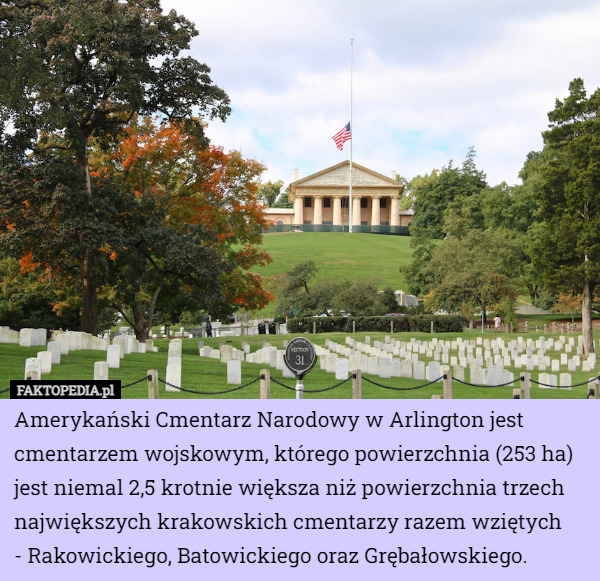 Amerykański Cmentarz Narodowy w Arlington jest cmentarzem wojskowym, którego powierzchnia (253 ha) jest niemal 2,5 krotnie większa niż powierzchnia trzech największych krakowskich cmentarzy razem wziętych
 - Rakowickiego, Batowickiego oraz Grębałowskiego. 
