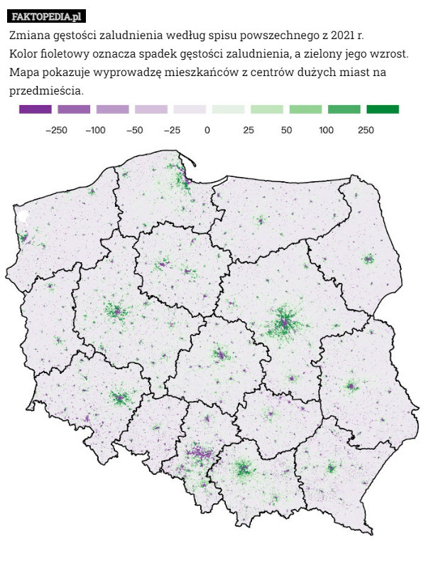 Zmiana gęstości zaludnienia według spisu powszechnego z 2021 r.
Kolor fioletowy oznacza spadek gęstości zaludnienia, a zielony jego wzrost.
Mapa pokazuje wyprowadzę mieszkańców z centrów dużych miast na przedmieścia. 