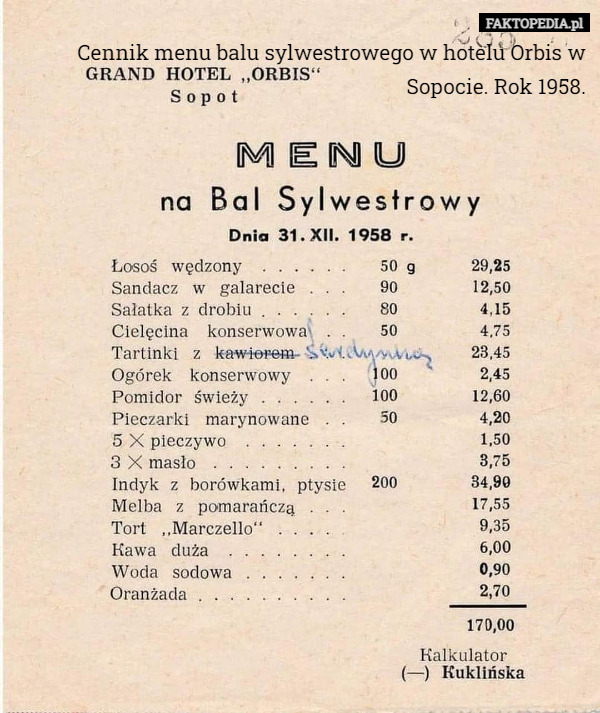 Cennik menu balu sylwestrowego w hotelu Orbis w Sopocie. Rok 1958. 