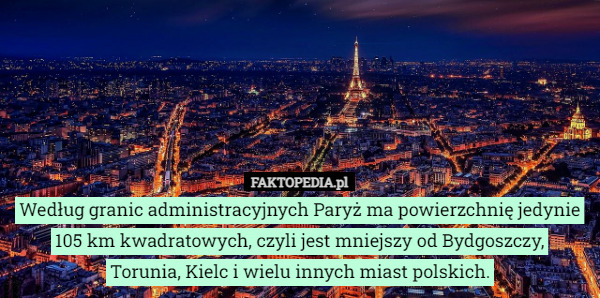 Według granic administracyjnych Paryż ma powierzchnię jedynie 105 km kwadratowych, czyli jest mniejszy od Bydgoszczy,
 Torunia, Kielc i wielu innych miast polskich. 