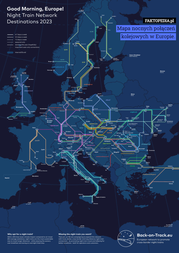 Mapa nocnych połączeń kolejowych w Europie. 