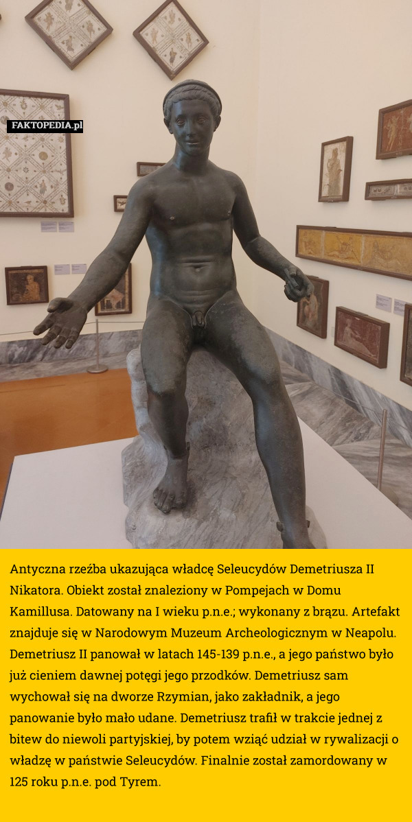 Antyczna rzeźba ukazująca władcę Seleucydów Demetriusza II Nikatora. Obiekt został znaleziony w Pompejach w Domu Kamillusa. Datowany na I wieku p.n.e.; wykonany z brązu. Artefakt znajduje się w Narodowym Muzeum Archeologicznym w Neapolu.
Demetriusz II panował w latach 145-139 p.n.e., a jego państwo było już cieniem dawnej potęgi jego przodków. Demetriusz sam wychował się na dworze Rzymian, jako zakładnik, a jego panowanie było mało udane. Demetriusz trafił w trakcie jednej z bitew do niewoli partyjskiej, by potem wziąć udział w rywalizacji o władzę w państwie Seleucydów. Finalnie został zamordowany w 125 roku p.n.e. pod Tyrem. 