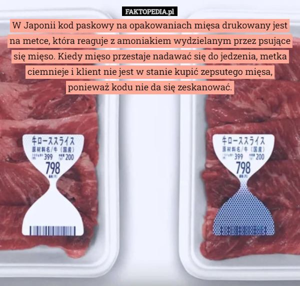 W Japonii kod paskowy na opakowaniach mięsa drukowany jest na metce, która reaguje z amoniakiem wydzielanym przez psujące się mięso. Kiedy mięso przestaje nadawać się do jedzenia, metka ciemnieje i klient nie jest w stanie kupić zepsutego mięsa, ponieważ kodu nie da się zeskanować. 