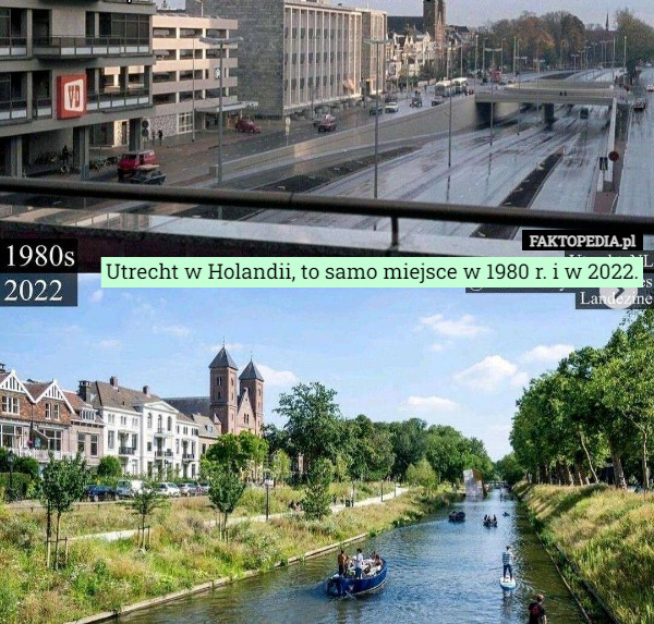 Utrecht w Holandii, to samo miejsce w 1980 r. i w 2022. 