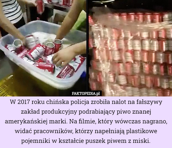 W 2017 roku chińska policja zrobiła nalot na fałszywy zakład produkcyjny podrabiający piwo znanej amerykańskiej marki. Na filmie, który wówczas nagrano, widać pracowników, którzy napełniają plastikowe pojemniki w kształcie puszek piwem z miski. 