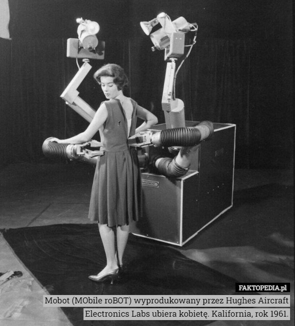 Mobot (MObile roBOT) wyprodukowany przez Hughes Aircraft Electronics Labs ubiera kobietę. Kalifornia, rok 1961. 