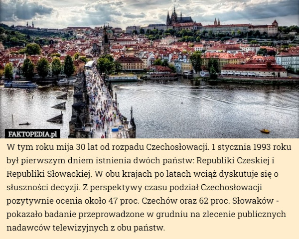 W tym roku mija 30 lat od rozpadu Czechosłowacji. 1 stycznia 1993 roku był pierwszym dniem istnienia dwóch państw: Republiki Czeskiej i Republiki Słowackiej. W obu krajach po latach wciąż dyskutuje się o słuszności decyzji. Z perspektywy czasu podział Czechosłowacji pozytywnie ocenia około 47 proc. Czechów oraz 62 proc. Słowaków - pokazało badanie przeprowadzone w grudniu na zlecenie publicznych nadawców telewizyjnych z obu państw. 