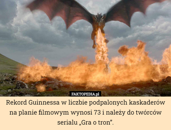 Rekord Guinnessa w liczbie podpalonych kaskaderów na planie filmowym wynosi 73 i należy do twórców serialu „Gra o tron”. 