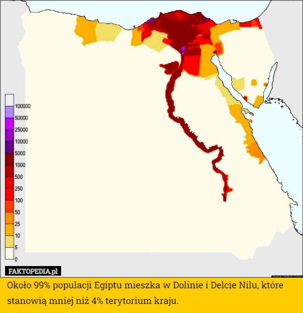 Około 99% populacji Egiptu mieszka w Dolinie i Delcie Nilu, które stanowią mniej niż 4% terytorium kraju. 