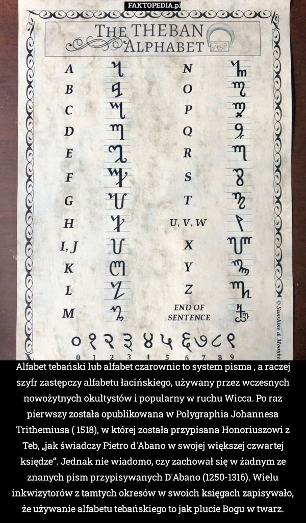 Alfabet tebański lub alfabet czarownic to system pisma , a raczej szyfr zastępczy alfabetu łacińskiego, używany przez wczesnych nowożytnych okultystów i popularny w ruchu Wicca. Po raz pierwszy została opublikowana w Polygraphia Johannesa Trithemiusa ( 1518), w której została przypisana Honoriuszowi z Teb, „jak świadczy Pietro d'Abano w swojej większej czwartej księdze”. Jednak nie wiadomo, czy zachował się w żadnym ze znanych pism przypisywanych D'Abano (1250-1316). Wielu inkwizytorów z tamtych okresów w swoich księgach zapisywało, że używanie alfabetu tebańskiego to jak plucie Bogu w twarz. 