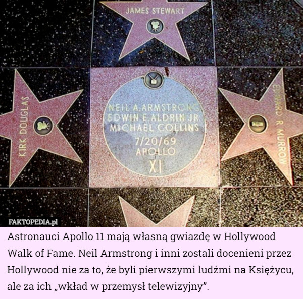 Astronauci Apollo 11 mają własną gwiazdę w Hollywood Walk of Fame. Neil Armstrong i inni zostali docenieni przez Hollywood nie za to, że byli pierwszymi ludźmi na Księżycu, ale za ich „wkład w przemysł telewizyjny”. 