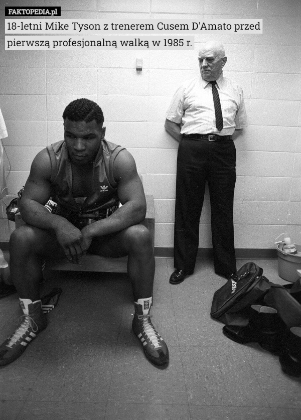 18-letni Mike Tyson z trenerem Cusem D'Amato przed pierwszą profesjonalną walką w 1985 r. 