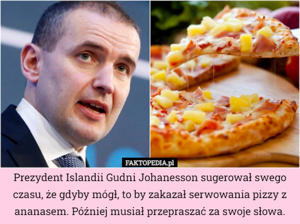 Prezydent Islandii Gudni Johanesson sugerował swego czasu, że gdyby mógł, to by zakazał serwowania pizzy z ananasem. Później musiał przepraszać za swoje słowa. 